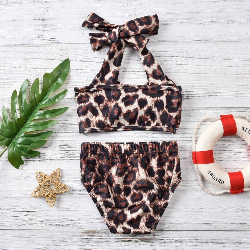 Aalizzwell Baby Girl Bathing Suit, Toddler Girls Two Piece Swimsuit Halter Top Bikini Cheetah Leopard Swimming Suit (Leopard, 0-6 Months) - Image 2